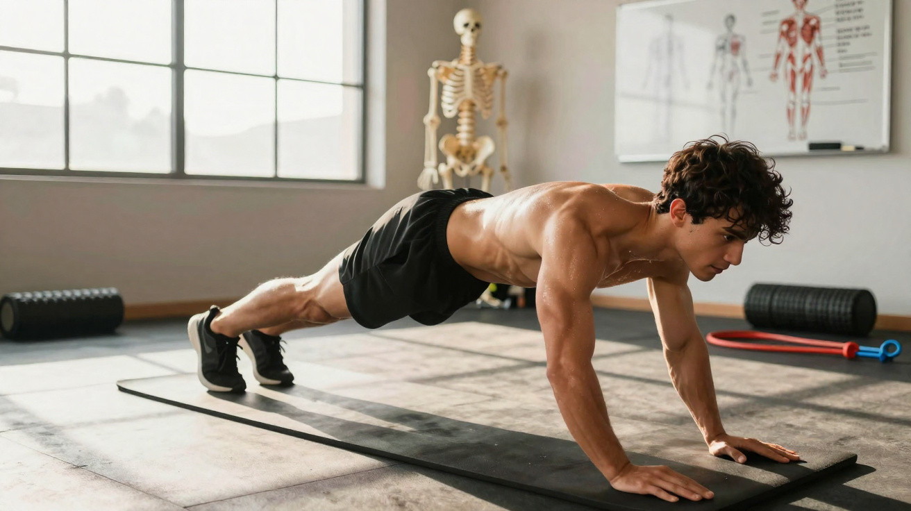 Junger Mann macht Liegestütze auf Matte in hellem Fitnessraum mit Skelett- und Muskelposter.