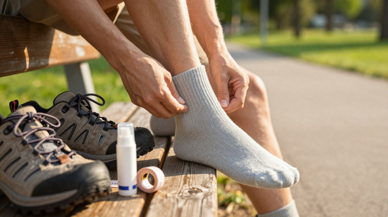 Person zieht nach dem Wandern graue Socken an, neben Wanderschuhen und Pflastern auf Holzbänkchen.