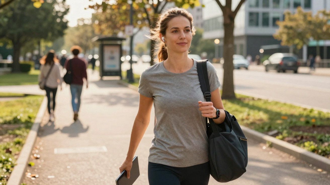 Junge Frau mit grauem T-Shirt und Tasche geht entspannt einen sonnigen Bürgersteig entlang.