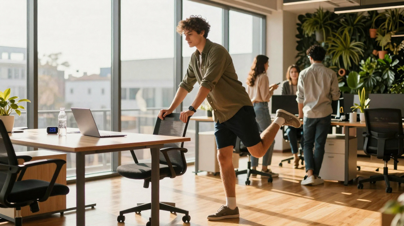 Junger Mann dehnt sich am Stuhl in modernem Büro mit großem Fenster und Kollegen im Hintergrund.