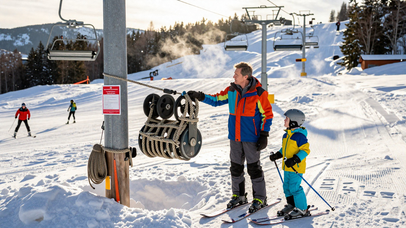 Vater und Kind in Skikleidung stehen an einem Skilift im sonnigen Skigebiet mit verschneiten Bergen im Hintergrund.