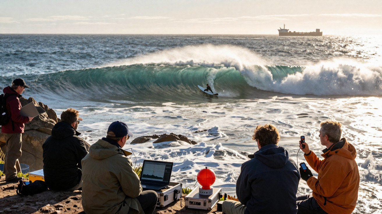 Fünf Personen am Felsenstrand beobachten und messen, wie ein Surfer in großer Welle im Ozean reitet, Schiff am Horizont.