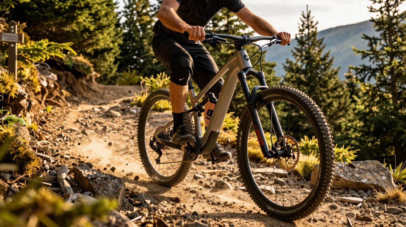 Mountainbiker fährt auf staubigem, felsigem Waldweg bei sonnigem Wetter bergab.