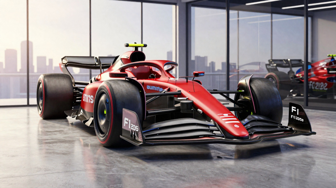 Roter Formel-1-Rennwagen F1-2026 in moderner Garage vor großen Fenstern mit Stadtblick.