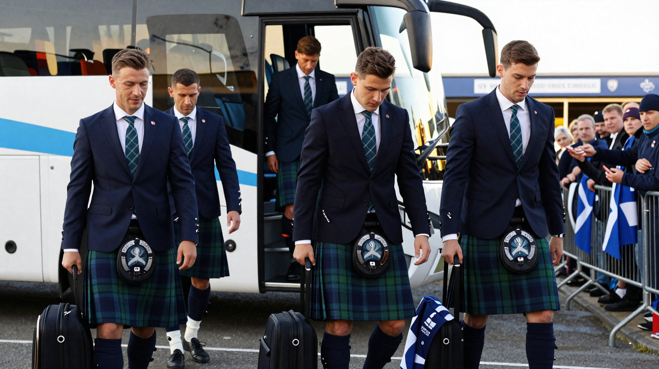 Männer in Anzügen und Kilts steigen aus einem Bus, im Hintergrund stehen Leute mit Schottland-Flaggen.