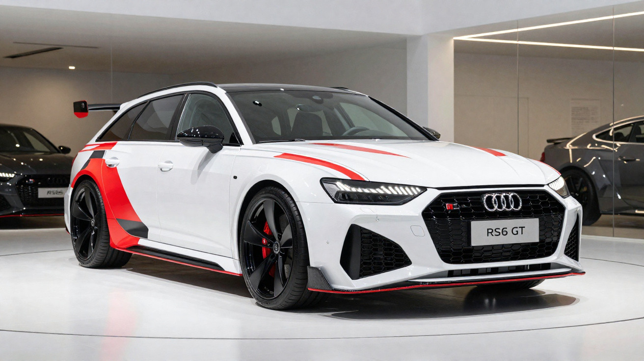 Weißer Audi RS6 GT mit roten Akzenten, schwarzem Spoiler und sportlichem Design in Ausstellungshalle.