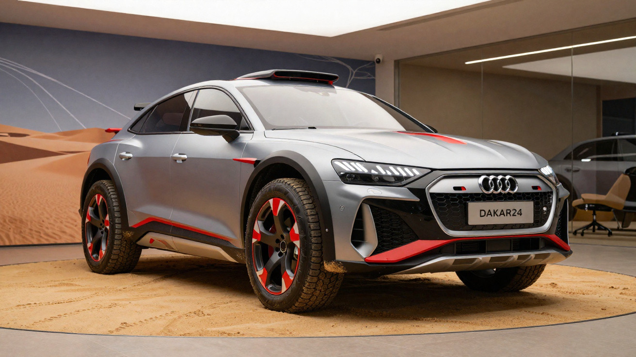 Silberner Audi SUV mit roten Akzenten auf sandfarbenem Ausstellungsboden vor Wüstenbild im Innenraum.