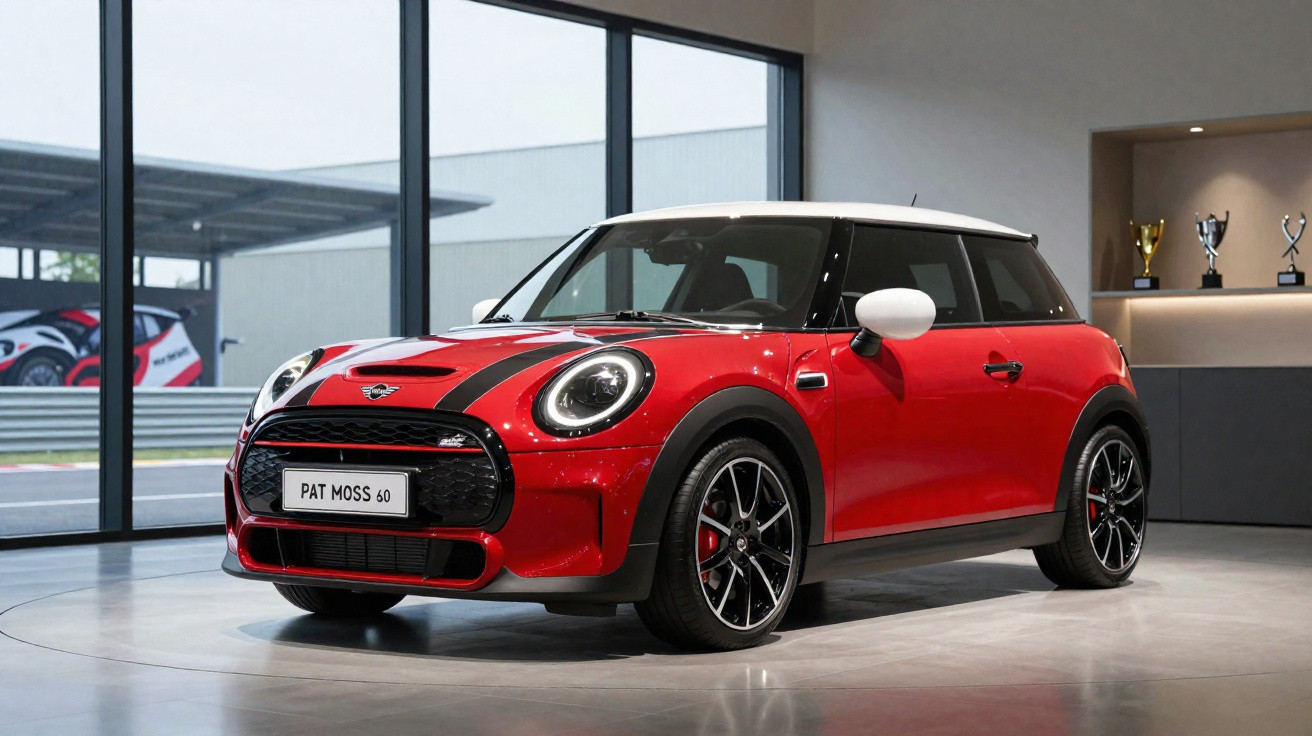 Roter Mini Cooper mit weißem Dach und schwarzen Streifen in modernem Showroom mit Pokalen im Hintergrund.