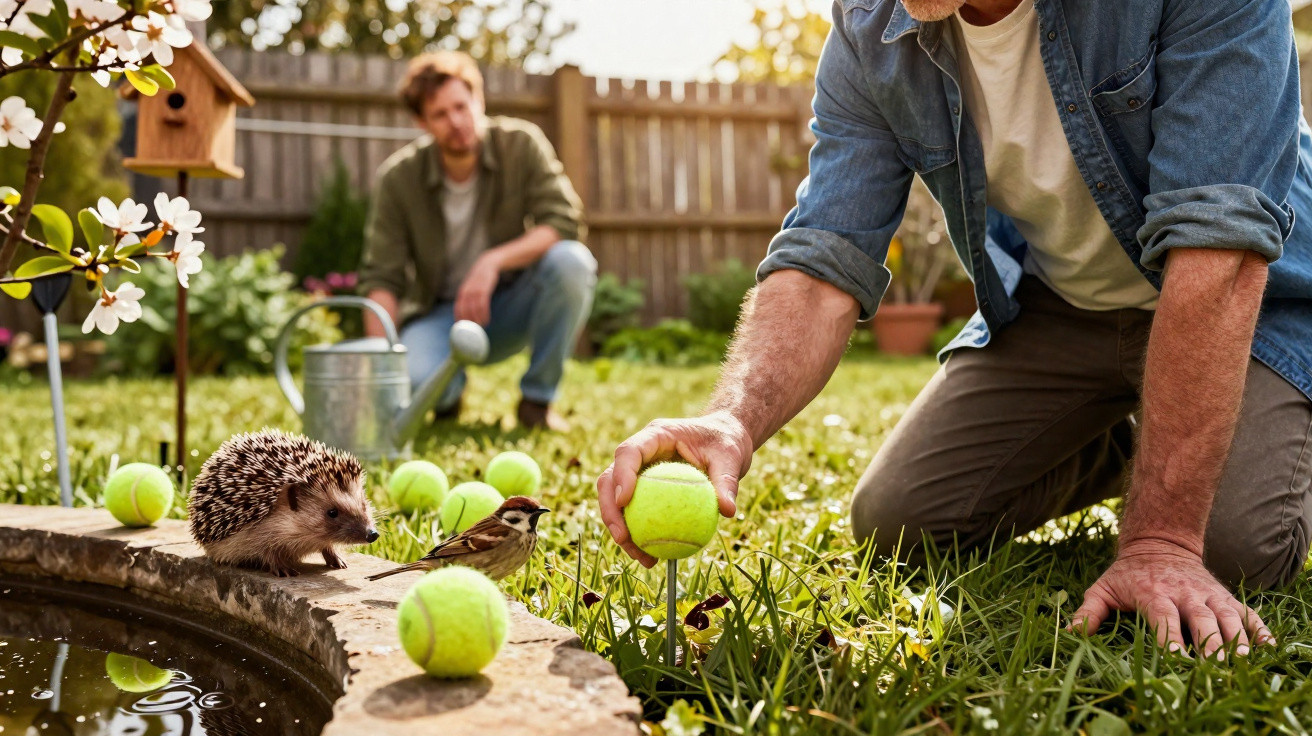 Mann setzt Hundespielzeugtennisball im Garten, Igel und Vogel beobachten, weitere Person im Hintergrund.