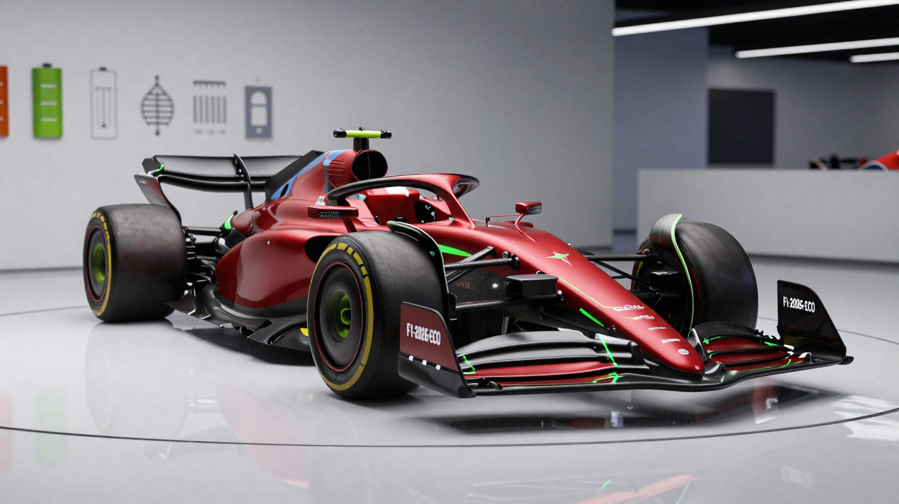 Roter Formel-1-Rennwagen mit grünen Akzenten in einer modernen Ausstellungshalle auf weißem Boden.