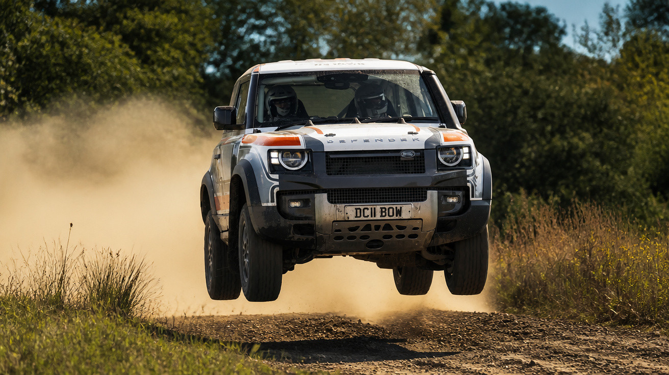 Land Rover Defender fährt mit Sprung über staubigen Geländeweg umgeben von Wäldern.
