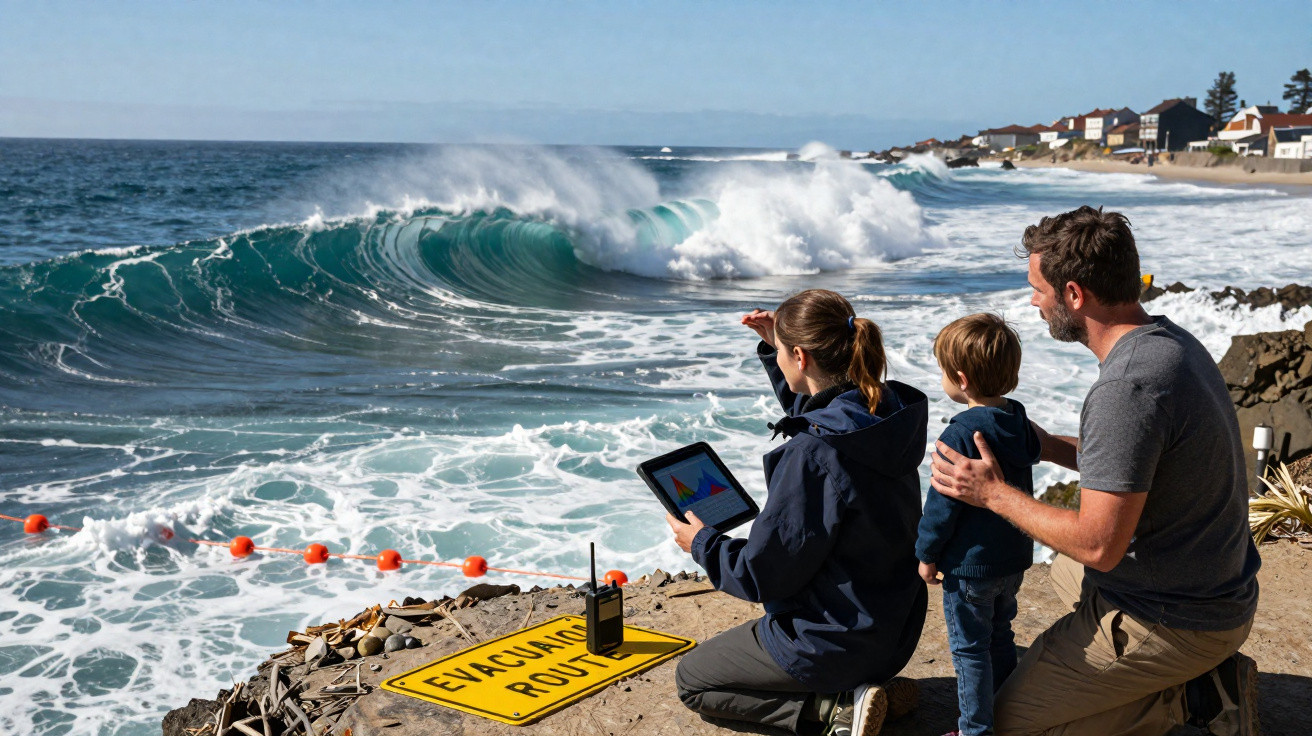 Mann, Kind und Frau beobachten Wellen am Strand nahe Warnschild "Evacuation Route" und Funkgerät.