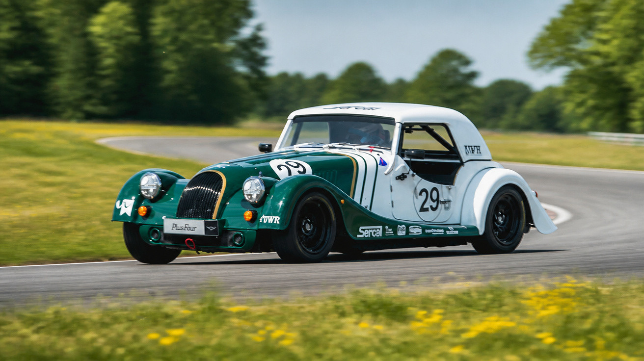 Grünes und weißes klassisches Rennsportfahrzeug mit der Nummer 29 auf einer Rennstrecke bei Sommerwetter.