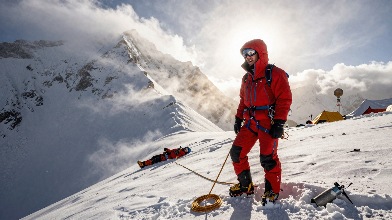Bergsteiger in roter Winterausrüstung steht auf schneebedecktem Berg mit Seil und Zelten im Hintergrund.