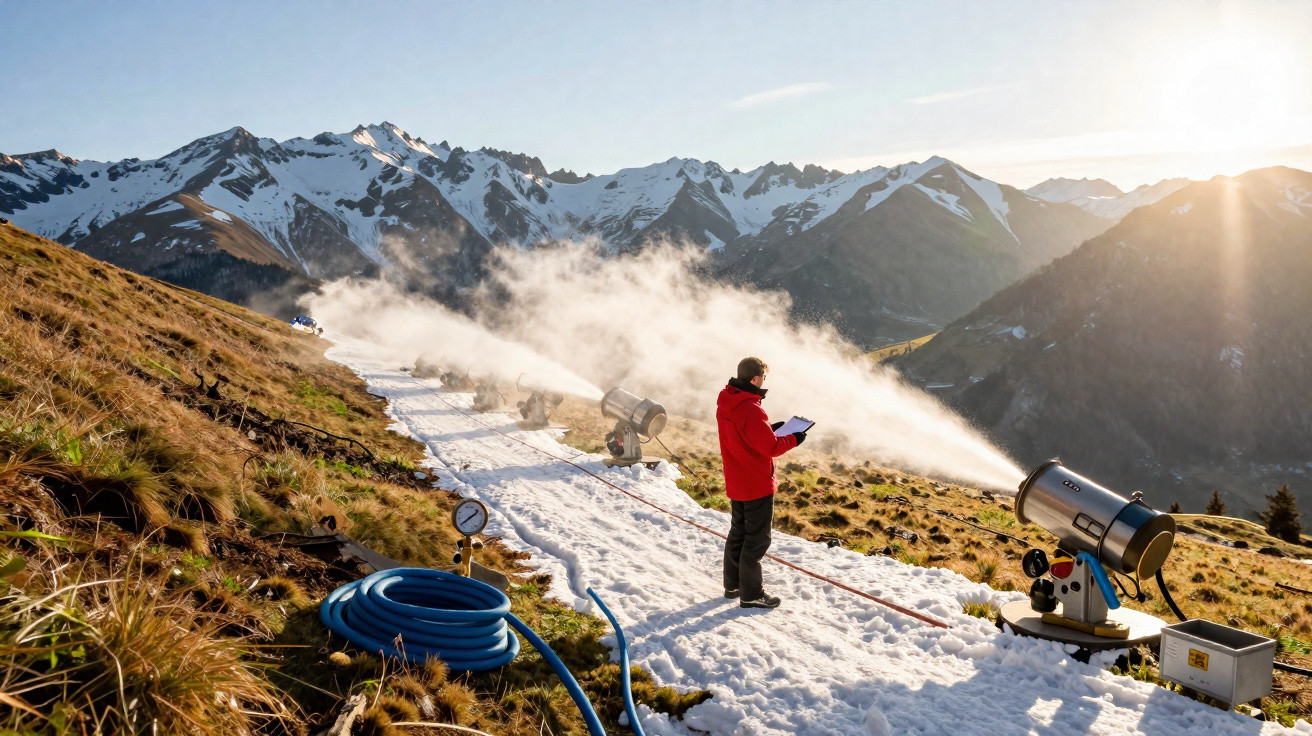 Mann in roter Jacke kontrolliert Schneekanonen auf Bergwiese mit schneebedecktem Pfad und Alpen im Sonnenlicht.