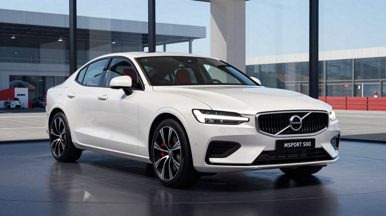 Weißer Volvo MSport S60 in moderner Halle mit großen Fenstern und rotem Innenraum.