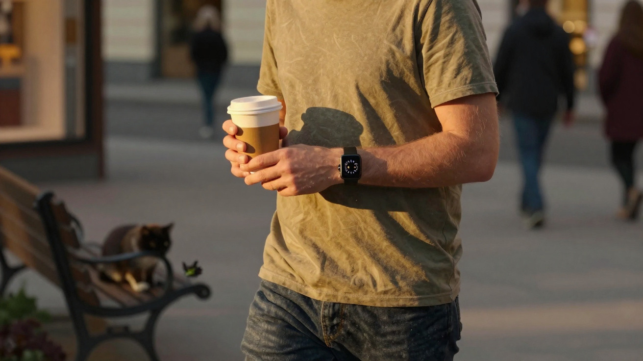 Mann mit Smartwatch hält Kaffeebecher in der Hand, im Hintergrund sitzende Katze auf Parkbank.