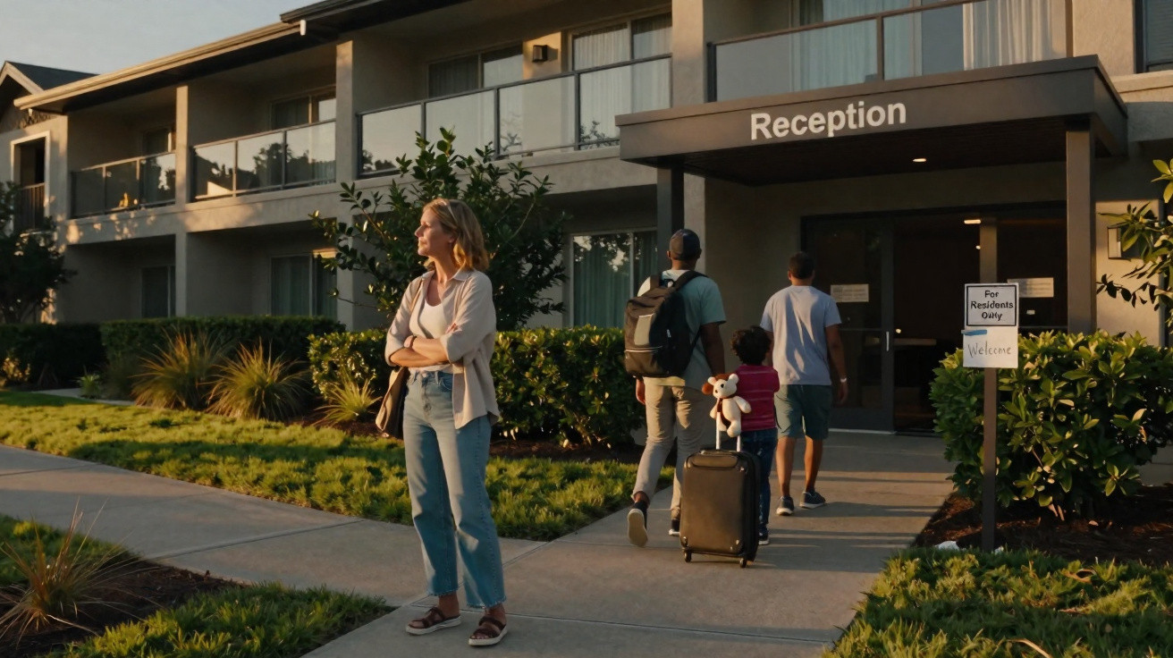 Frau steht vor einem Hotel mit drei Personen, die mit Koffer zur Rezeption gehen, bei Sonnenuntergang.