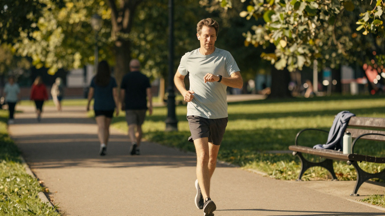 Mann joggt im Park auf einem Weg, umgeben von Bäumen und mehreren Spaziergängern im Hintergrund.