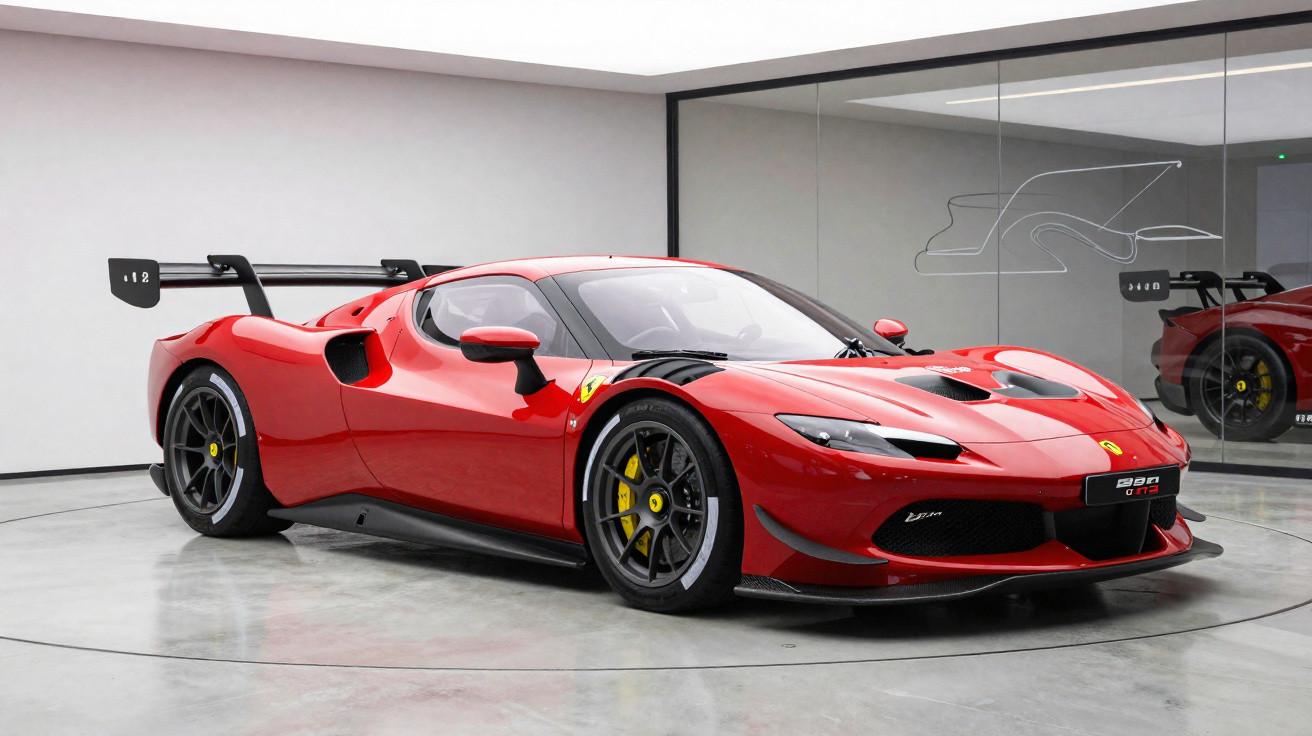 Roter Ferrari Rennwagen mit Aero-Design und großem Heckflügel auf glattem Boden in weißem Showroom.