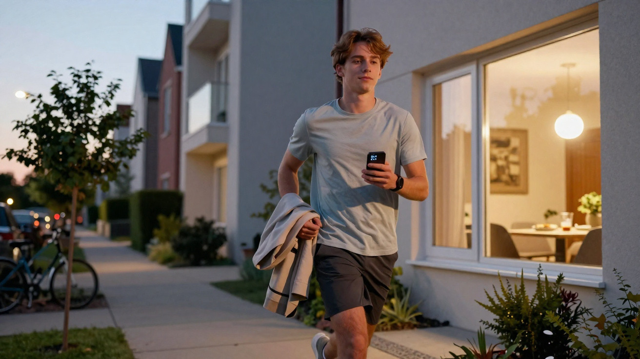 Junger Mann joggt abends in Wohngegend, hält Smartphone und trägt Jacke über Arm.