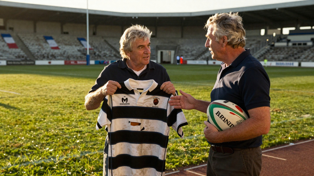 Zwei ältere Männer im Sportstadion, einer hält ein Rugby-Trikot, der andere einen Rugby-Ball.