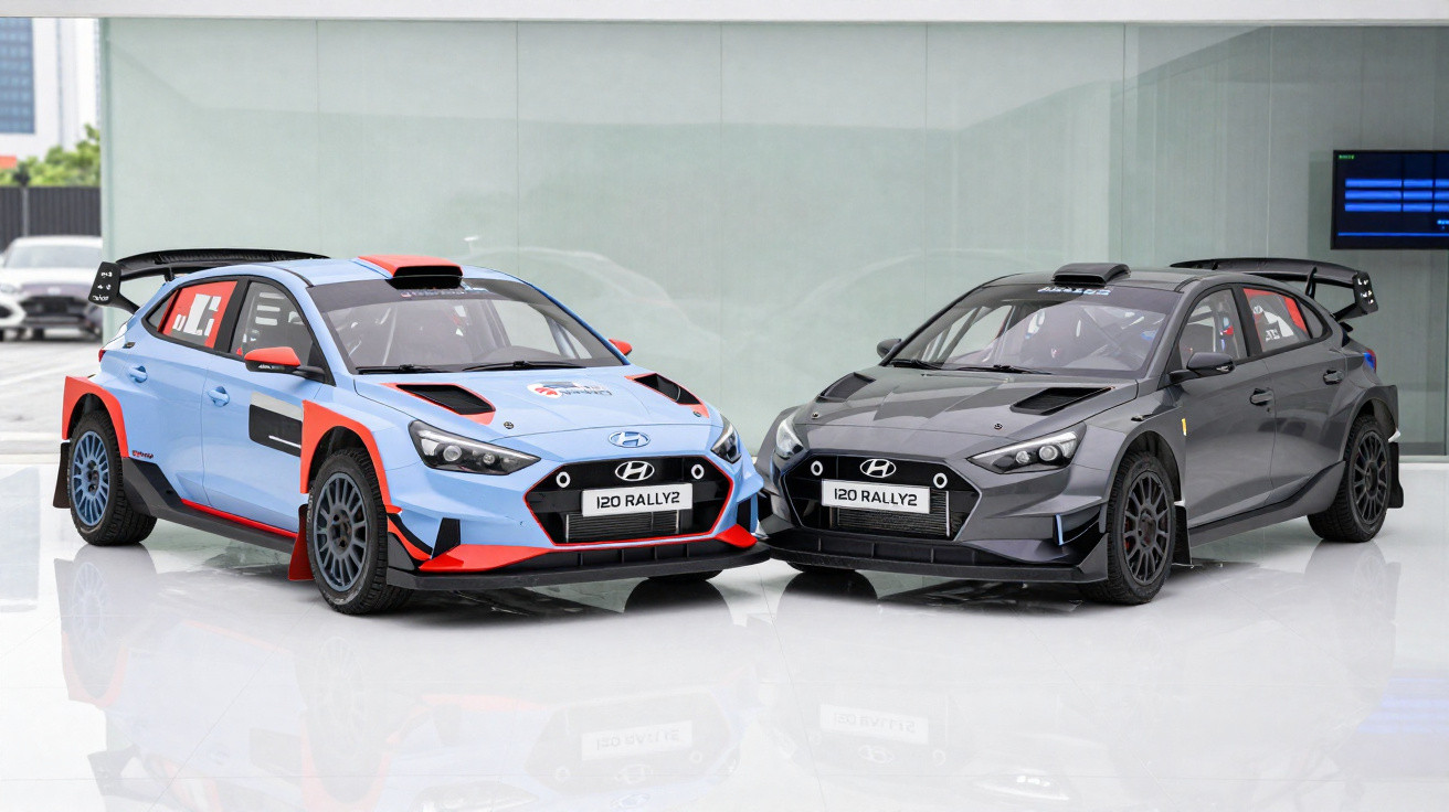 Zwei Hyundai i20 Rally2 Rennwagen, einer blau-rot und einer schwarz, stehen nebeneinander vor neutralem Hintergrund.