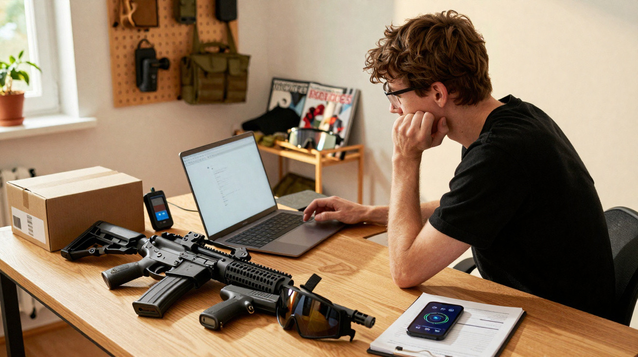 Junger Mann sitzt am Schreibtisch mit Laptop, Waffe, Schutzbrille und Smartphone in hellem Raum.