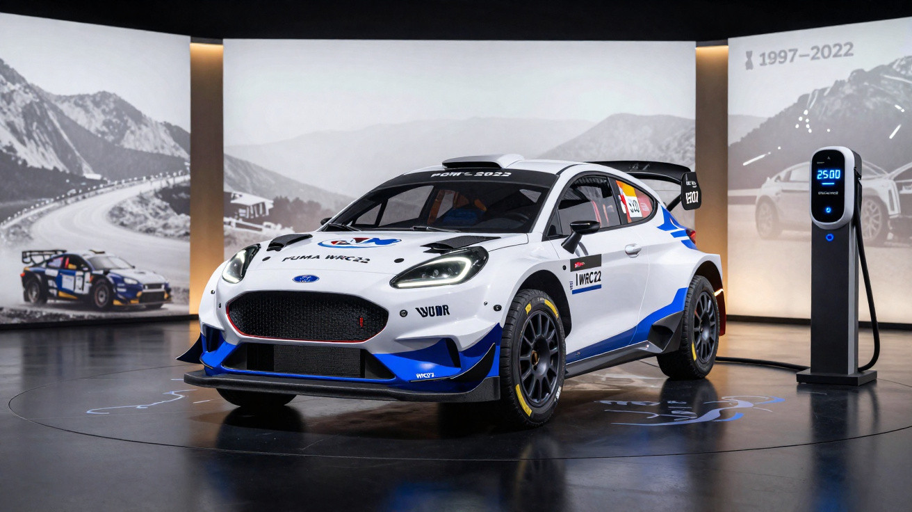 Weiß-blauer Ford Rallye-Rennwagen auf Präsentationsbühne mit Ladestation und Bergbildern im Hintergrund.
