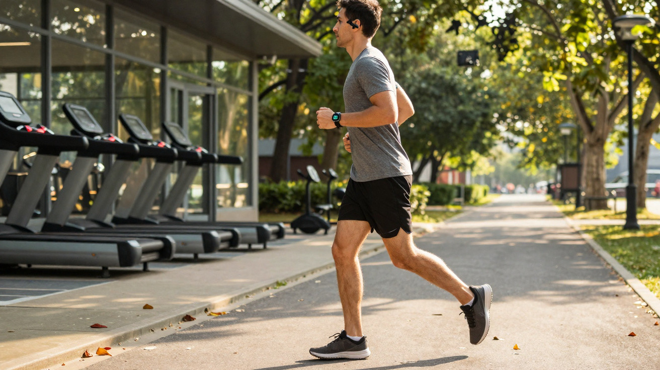 Junger Mann joggt draußen auf einem Weg neben einem Fitnessstudio mit Laufbändern und trägt Sportkleidung.