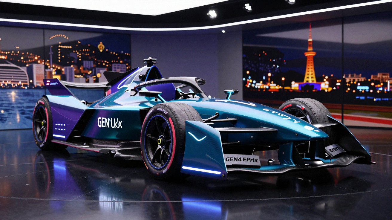 Blauer Formula E Rennwagen Gen4 EPrix mit Stadtlichtern im Hintergrund in einer Ausstellungshalle.