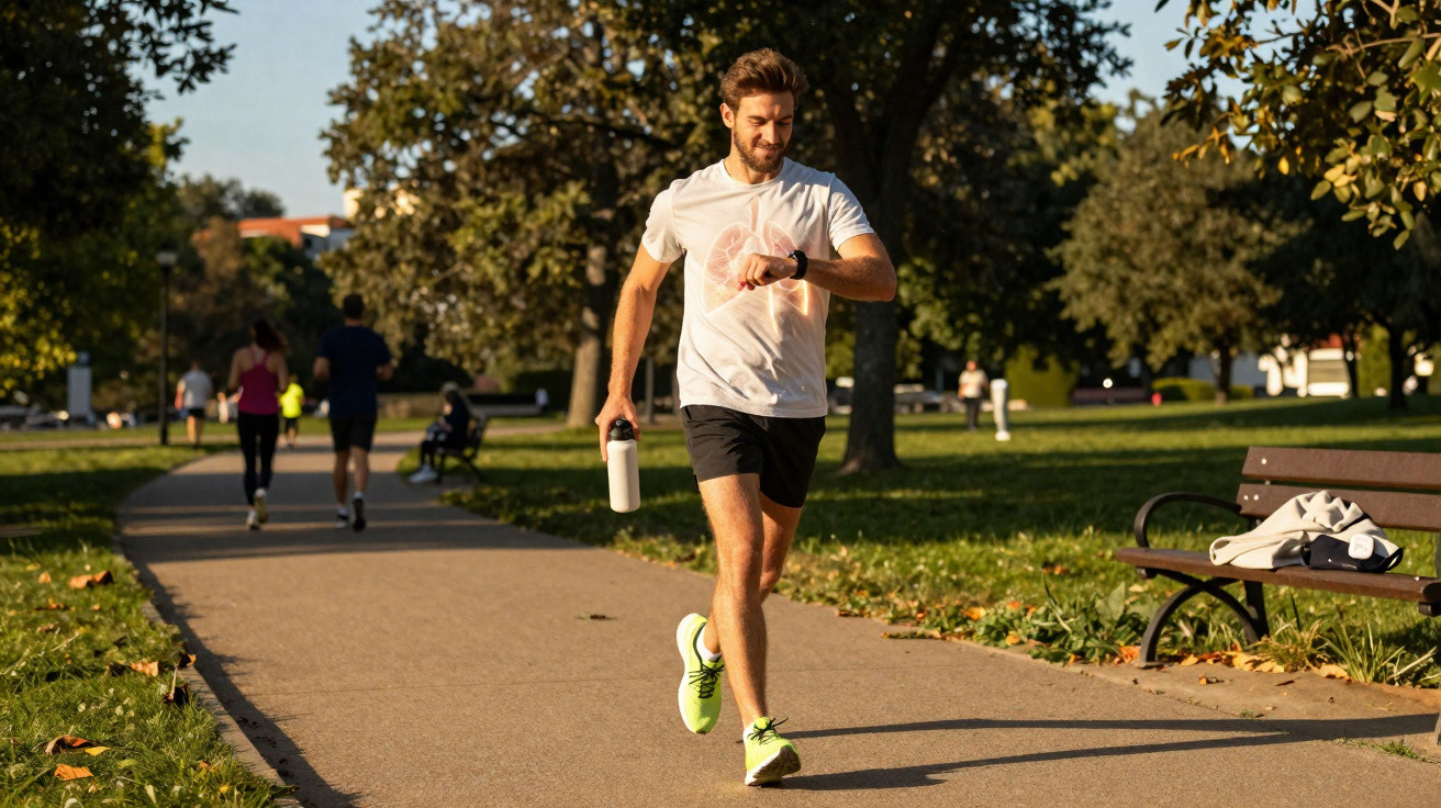 Mann joggt im Park, schaut auf seine Smartwatch und trägt helle Sportschuhe und ein weißes T-Shirt.