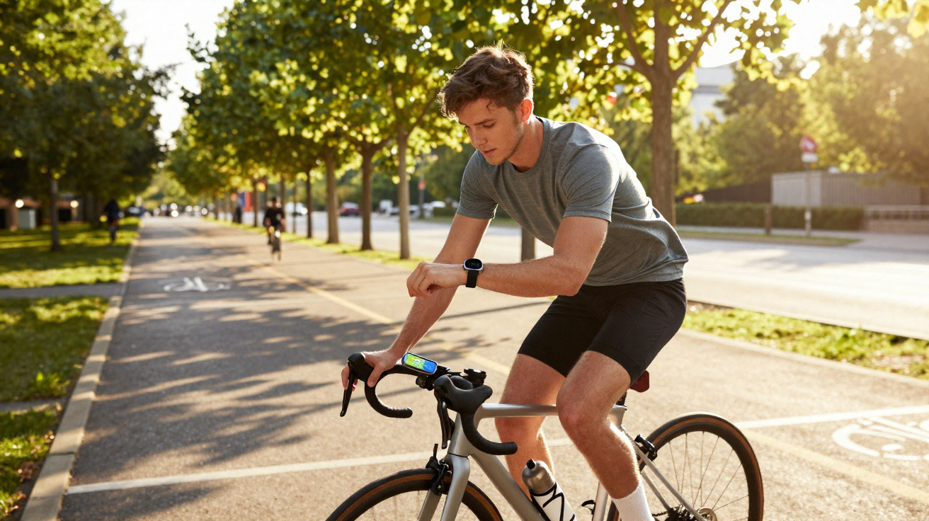 Mann auf Rennrad prüft Smartwatch am sonnigen, baumgesäumten Radweg in der Stadt.