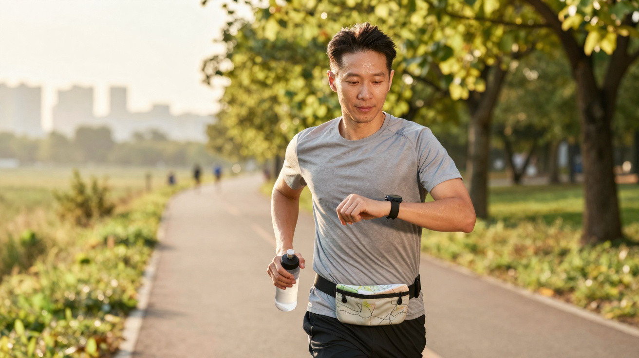 Mann läuft im Park, trägt graues Shirt, schaut auf Smartwatch und hält Wasserflasche in der Hand.