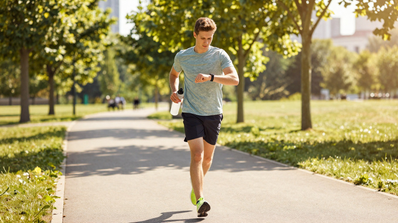 Junger Mann joggt im Park, trägt Sportkleidung und schaut auf seine Sportuhr, hält eine Wasserflasche.