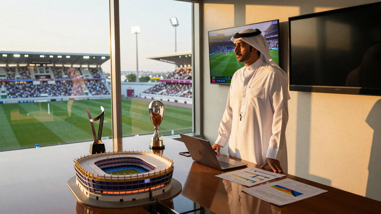 Mann in traditioneller arabischer Kleidung steht im Büro mit Fußballstadionmodell und Pokalen, blickt aufs Spielfeld.