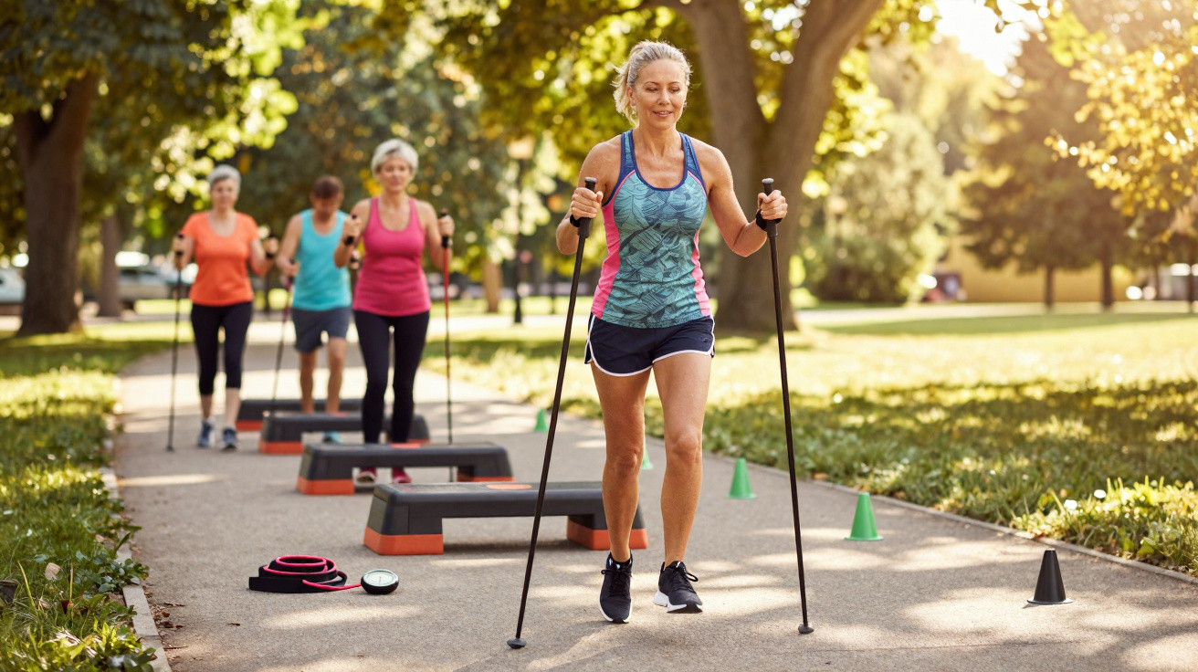 Frau mittleren Alters trainiert Nordic Walking mit vier weiteren Personen auf einem sonnigen Parkweg.