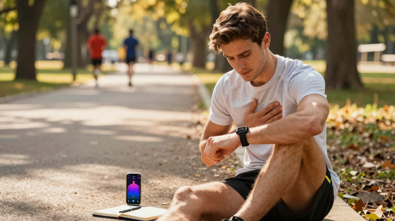 Mann sitzt auf Parkweg, hält sich die Brust und schaut auf Smartwatch, Handy und Notizbuch liegen neben ihm.