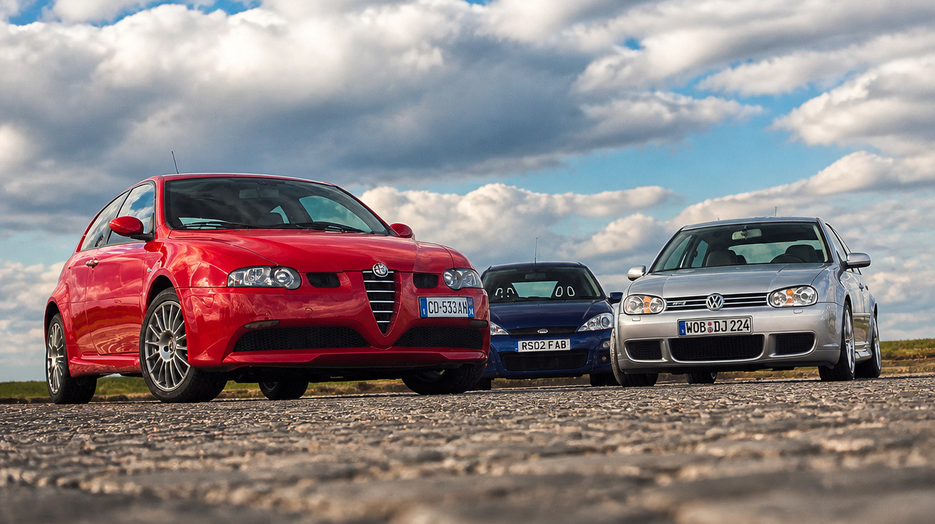 Drei geparkte Autos auf Kopfsteinpflaster unter bewölktem Himmel, vorne ein rotes Alfa Romeo.