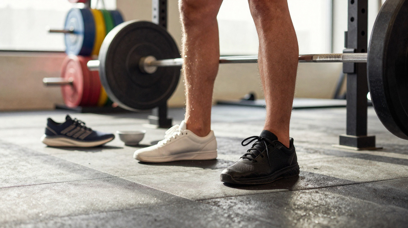 Beine einer Person mit verschiedenen Sportschuhen stehend vor einer Langhantel im Fitnessstudio.