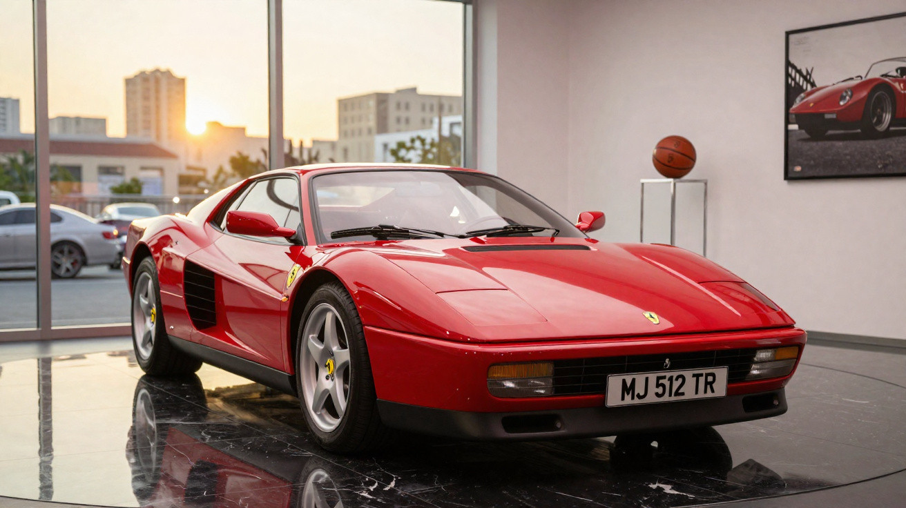 Roter Ferrari 512 TR Oldtimer im Ausstellungsraum bei Sonnenuntergang mit Basketball und Auto-Foto an der Wand.