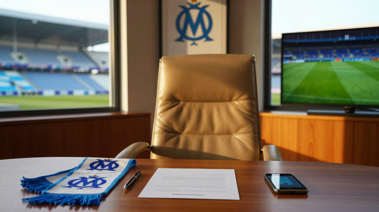 Leerer Bürostuhl hinter Tisch mit Vertrag, Marseille-Fanschal, Stift und Handy, Blick auf Stadion und TV-Bildschirm.
