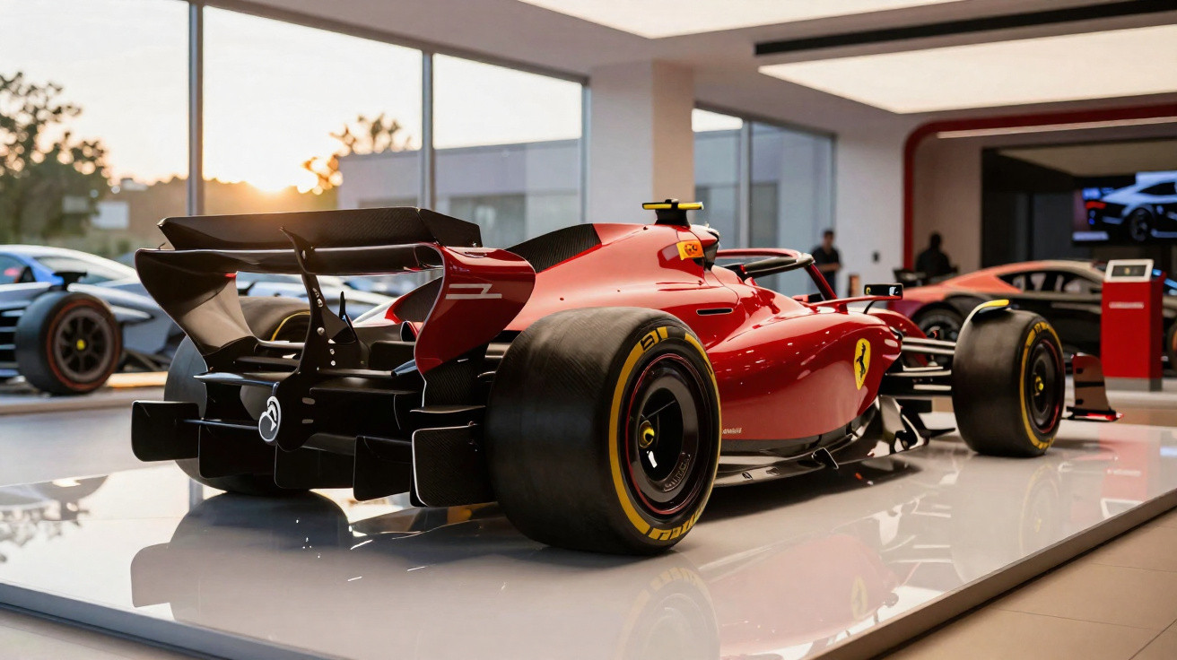 Rotes Ferrari Formel-1-Rennwagenmodell in modernem Showroom bei Sonnenuntergang.