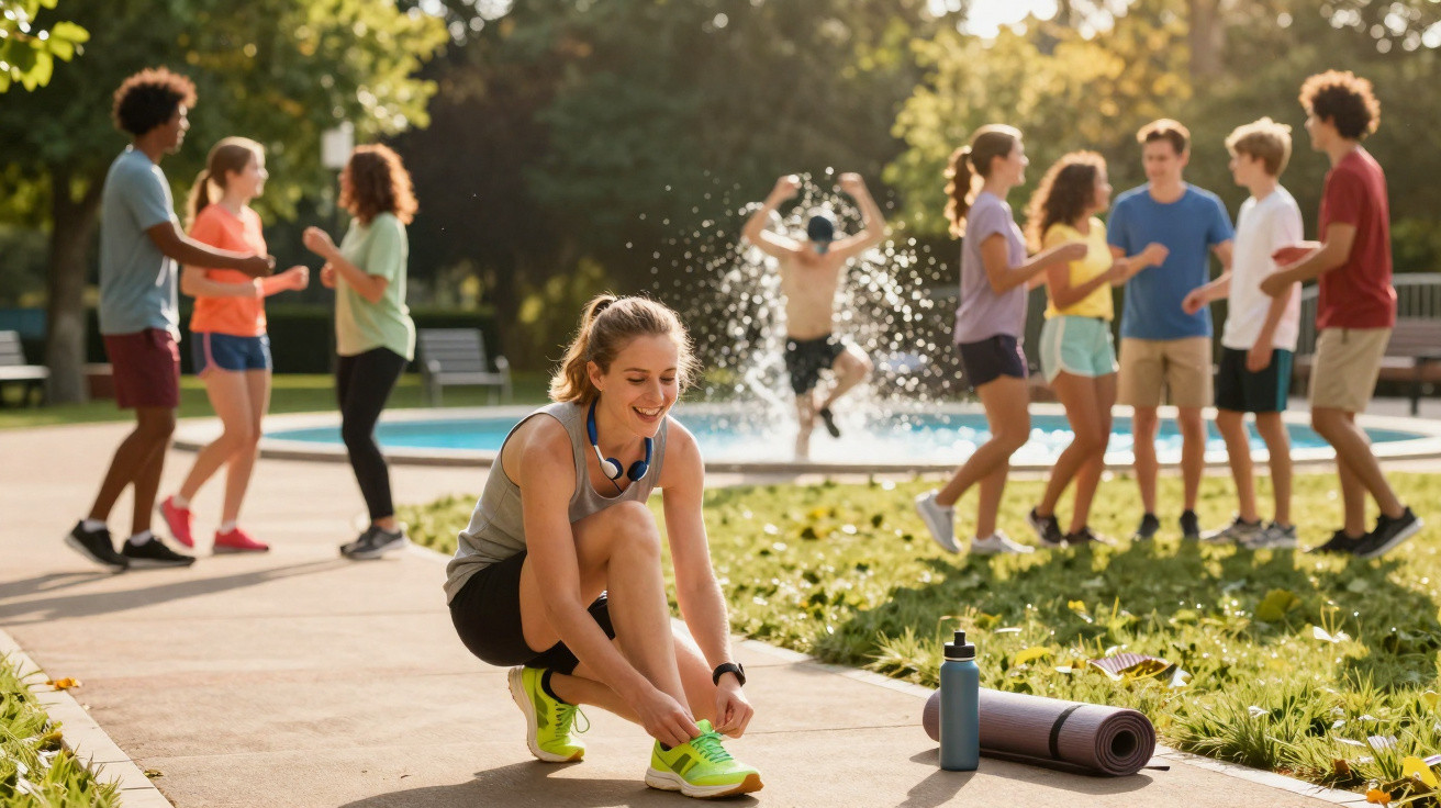 Jugendliche genießen sonnigen Tag im Park, eine tieft sich Schuhe, andere unterhalten sich und spielen am Brunnen.