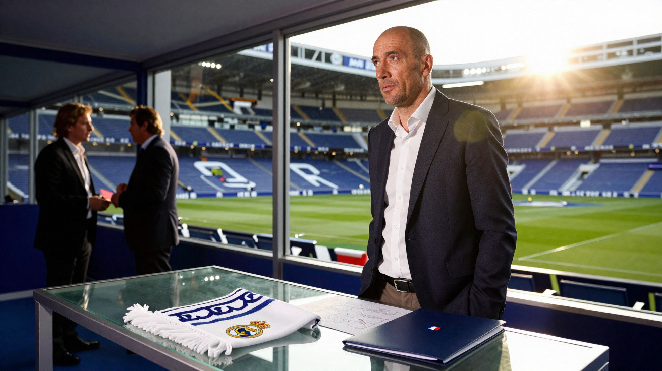 Ein Mann in Anzug steht an einem Tisch mit Real Madrid Schal in leeren Fußballstadion.