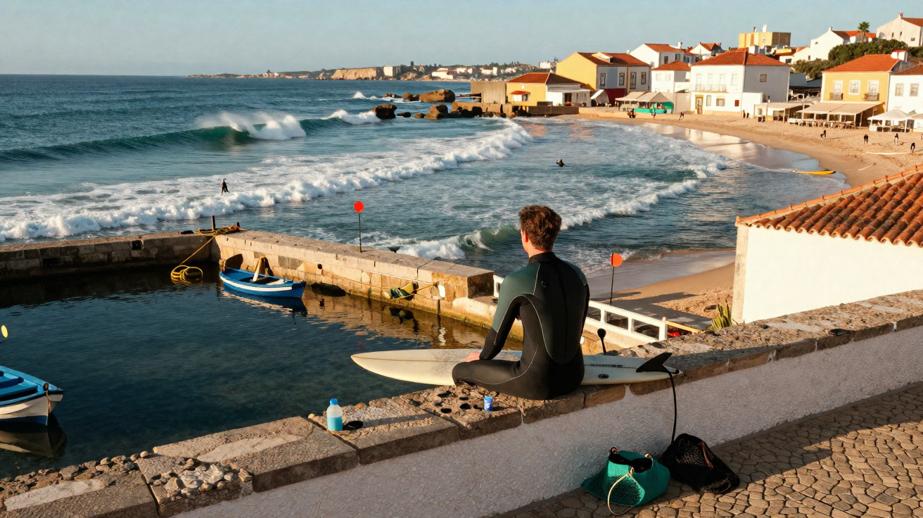 Surfer im Neoprenanzug sitzt mit Surfbrett an Strandpromenade, Blick auf Wellen und Küstenort.