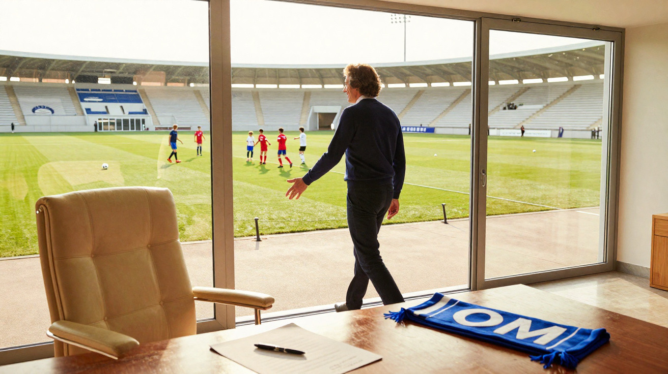 Mann im Büro geht zum Fenster, vor ihm Fußballspiel im Stadion mit Kindern auf dem Rasen.