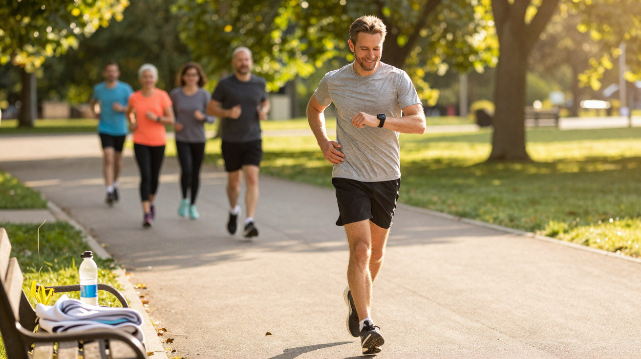 Mann joggt im Park und schaut auf seine Sportuhr, Gruppe von Läufern im Hintergrund bei sonnigem Wetter.