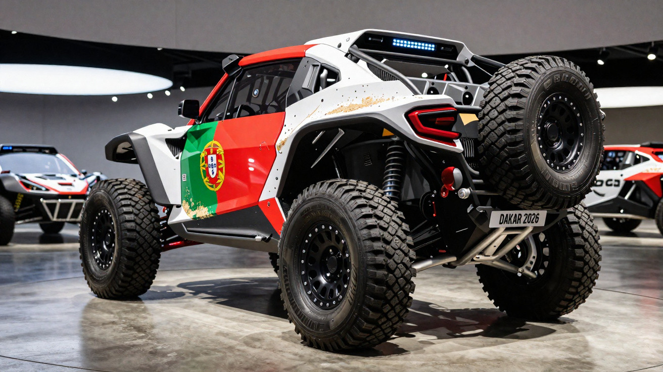 Geländewagen mit großer Reifen, Lackierung in Portugals Farben und Schild "Dakar 2026" in moderner Ausstellungshalle.