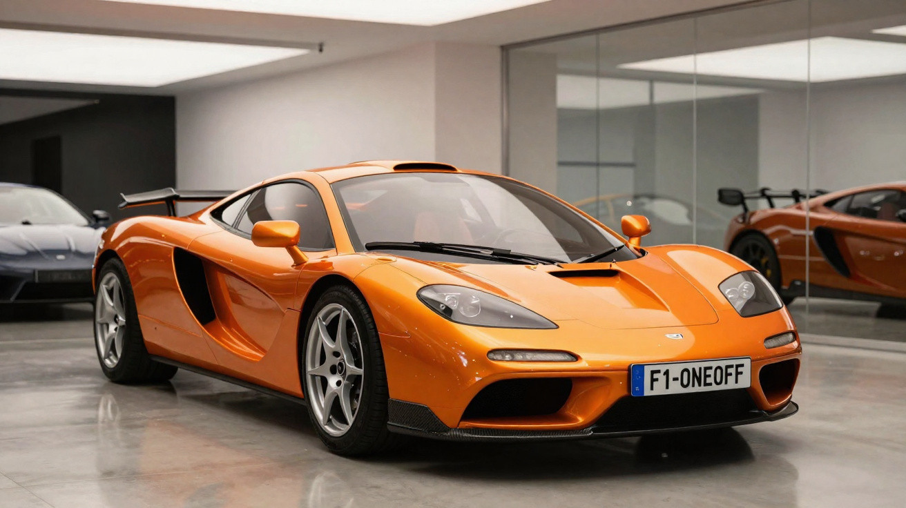 Oranger McLaren F1 Supersportwagen mit Spoiler in einer modernen Garage mit Spiegelwand.